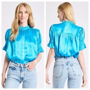 Mille NWT Marnie Top Ocean Button Down Blouse Short Sleeve Ruffle Anthropologie